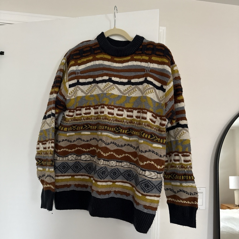 Zara Men's Brown and Yellow Patterned Crewneck Sweater